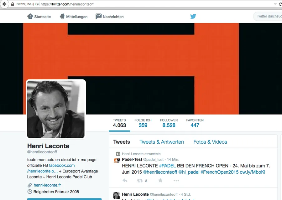 Twitter-Profil von Henri Leconte mit einem Retweet eines Padel-Test-Beitrags, 2015
